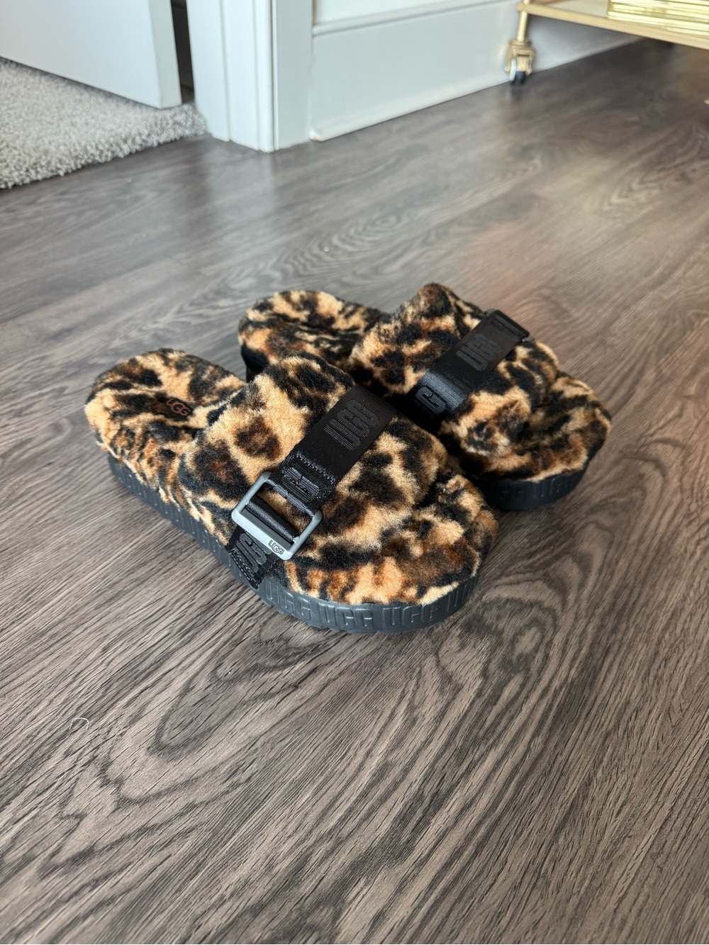 UGG Leopard Print Lamb-Fur Platform Slide with Black Strap